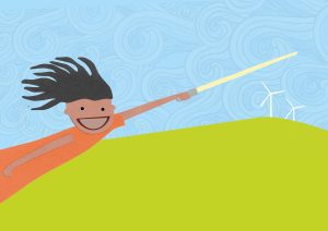 A cartoon style drawing of Energy Warrior's logo. It shows a person flying towards wind turbines.