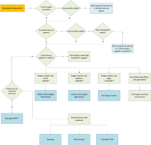 A flowchart titled "Renewable Generation" outlines various pathways and decisions for renewable energy supply options. It starts with questions about self-supply, commercial viability, private wire options, and class exemptions. Depending on the answers (Yes or No), it leads to different supply options such as Self-Supply, Direct Supply, White Label Supply Partnership, Licence Lite Supply Agreement, Full Supply Licence, and Standard PPA.